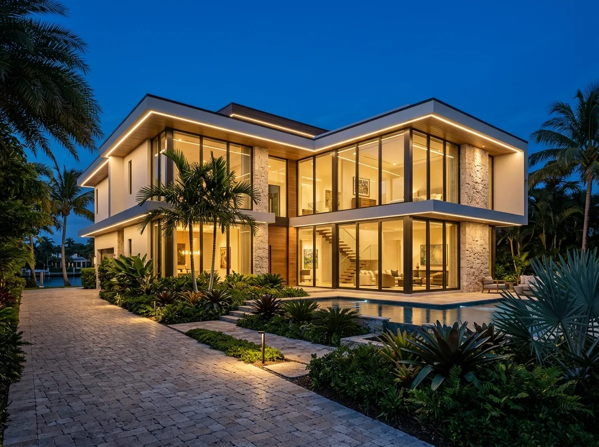 Modern home with permanent LED lighting along the roofline at dusk