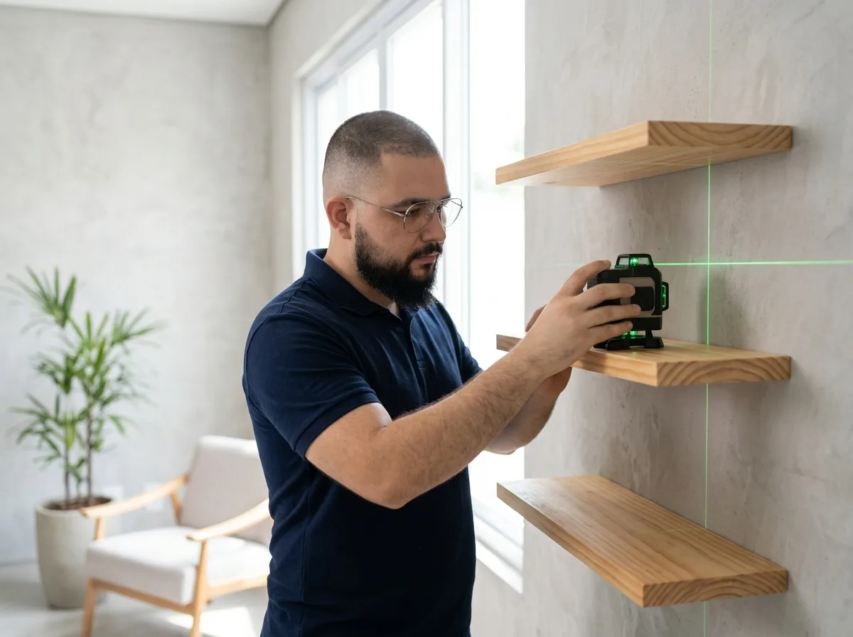Set of aligned floating wall shelves