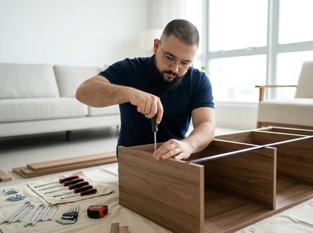 Technician professionally assembling furniture