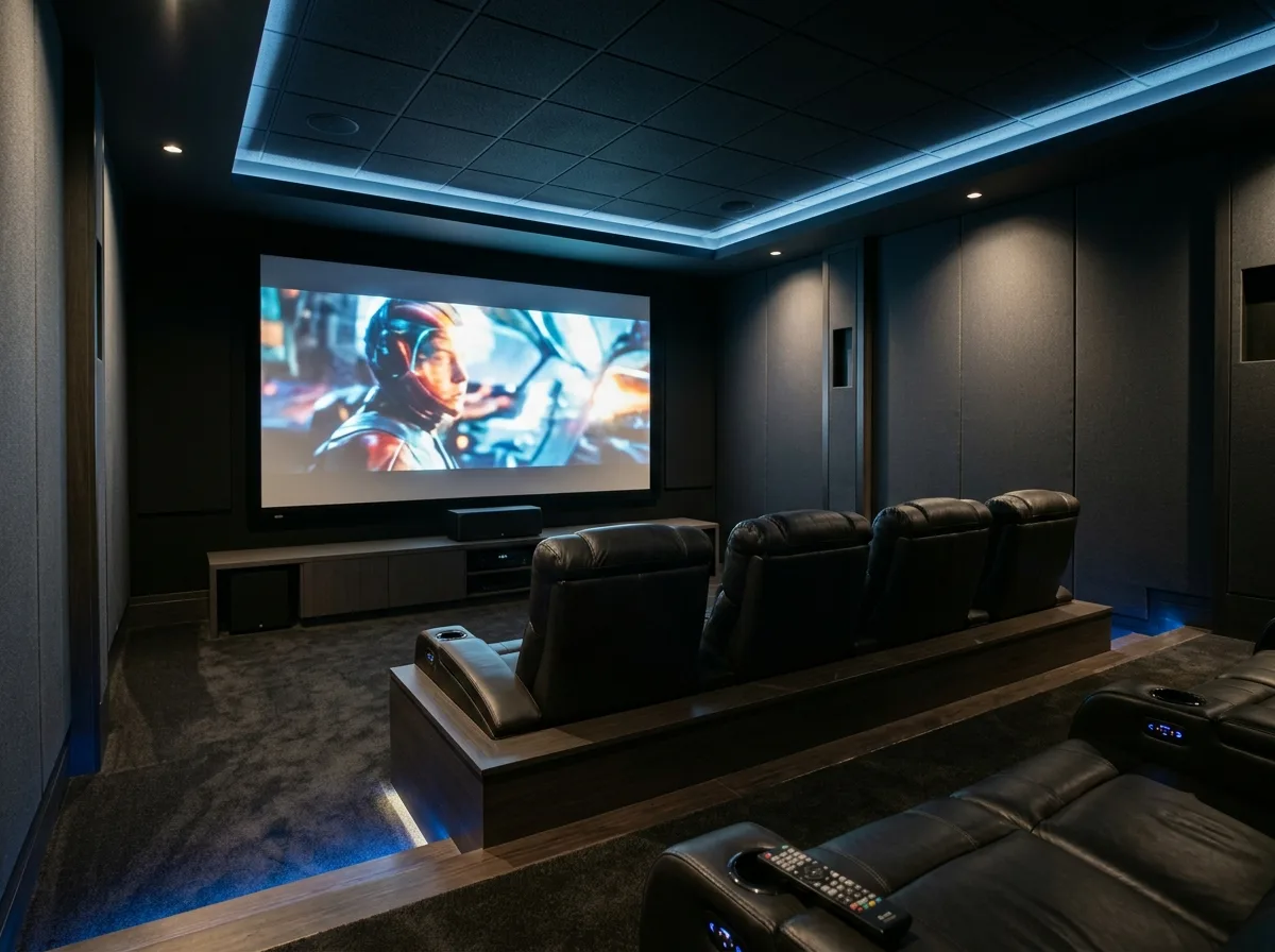 Luxury home theater room with cinema screen and tiered seating