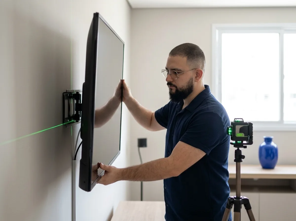 Technician mounting a wall TV with concealed cables